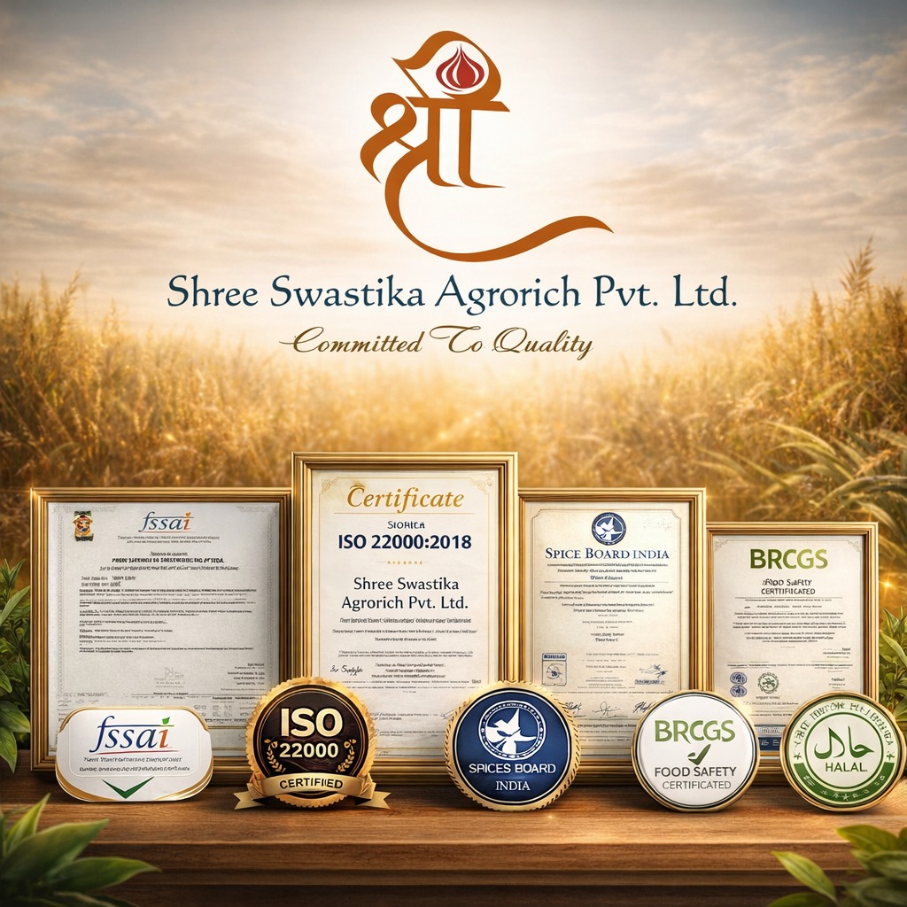 Shree Swastika Agrorich certifications — FSSAI, ISO 22000, BRCGS, Spice Board, Halal